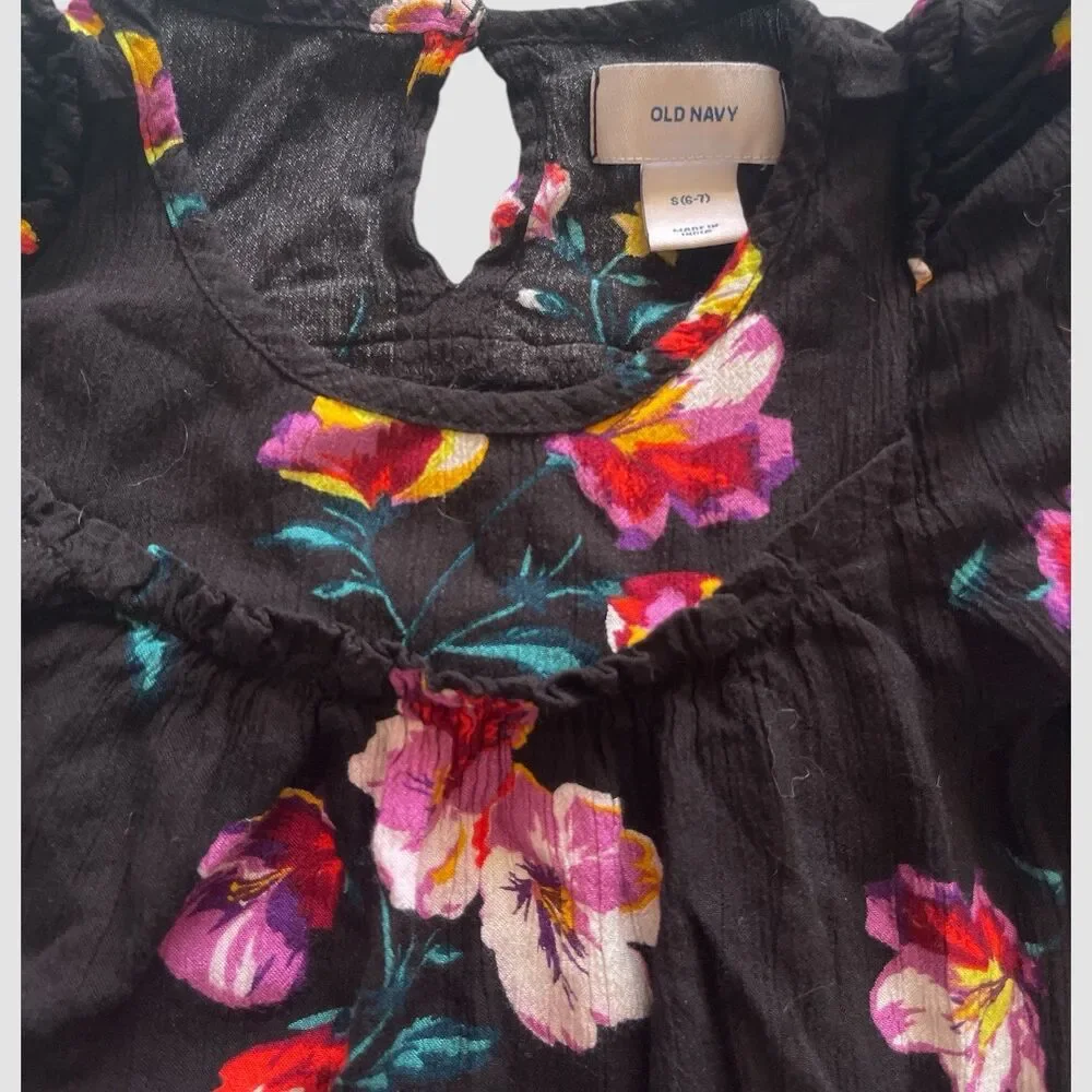 Old Navy Kids Girls Size Small 5/6 Black Floral Fit & Flare 3/4 Sleeve Dress